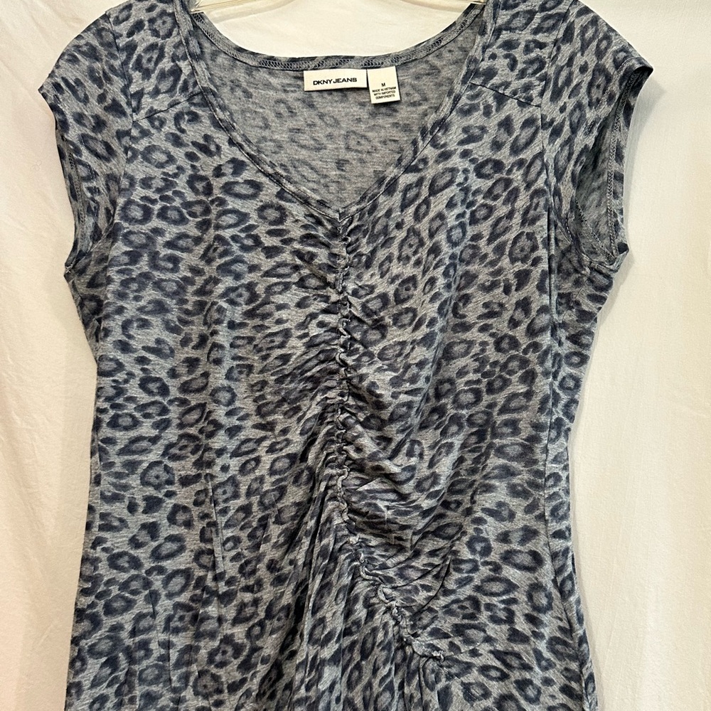Dkny Black and Gray Ruched Cap Sleeve Blouse